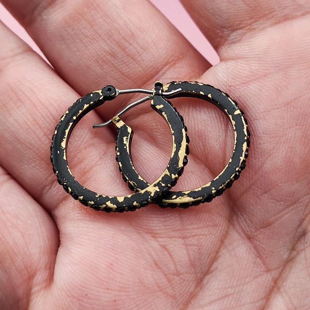 Black Rhinestone Hoop Earrings Gold Tone Textured Distressed Gothic Statement